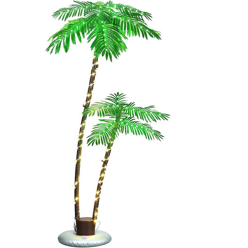 Palmier artificiel 1,8 m à deux têtes, décoration tropicale à DEL enfichable avec guirlandes de lumières blanc chaud, lampe sur pied pour l'extérieur, patio, piscine, fête, décoration intérieure