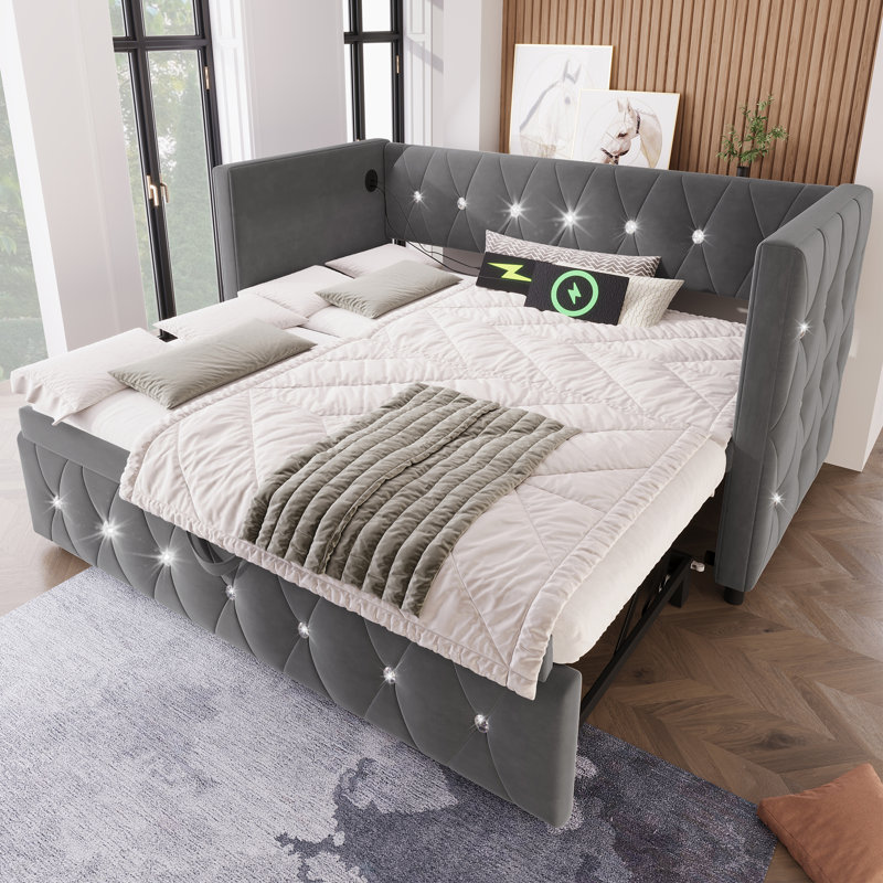 3FT Single Daybed Sofa Bed with Pull-Out Trundle,  Velvet Upholstered Frame, Ideal for Living Room and Bedroom, 90x190cm