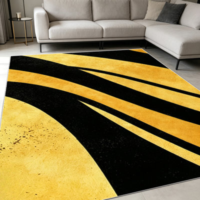 1PC Modern Abstract Black and Gold Curved Tiger Stripe Pattern area rugs for Living Room, Soft and Comfortable, Suitable for all seasons, easy-to-maintain, machine washable Indoor floor mat, Under Table Farmhouse suitable for dining room, bedroom,