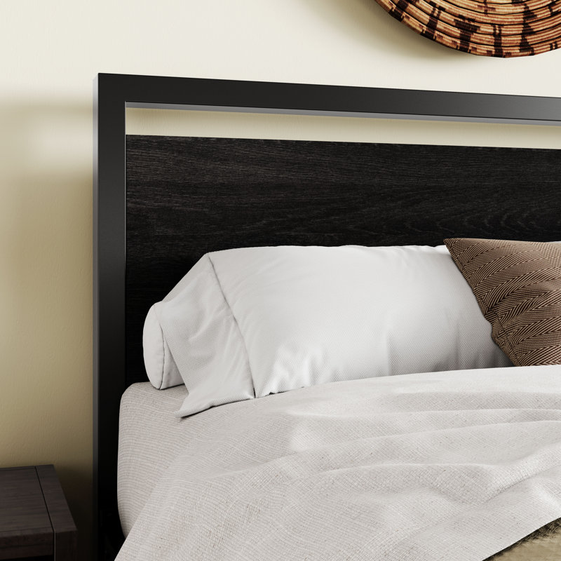 Lit plateforme en métal avec tête de lit en bois, Noir, Lit simple