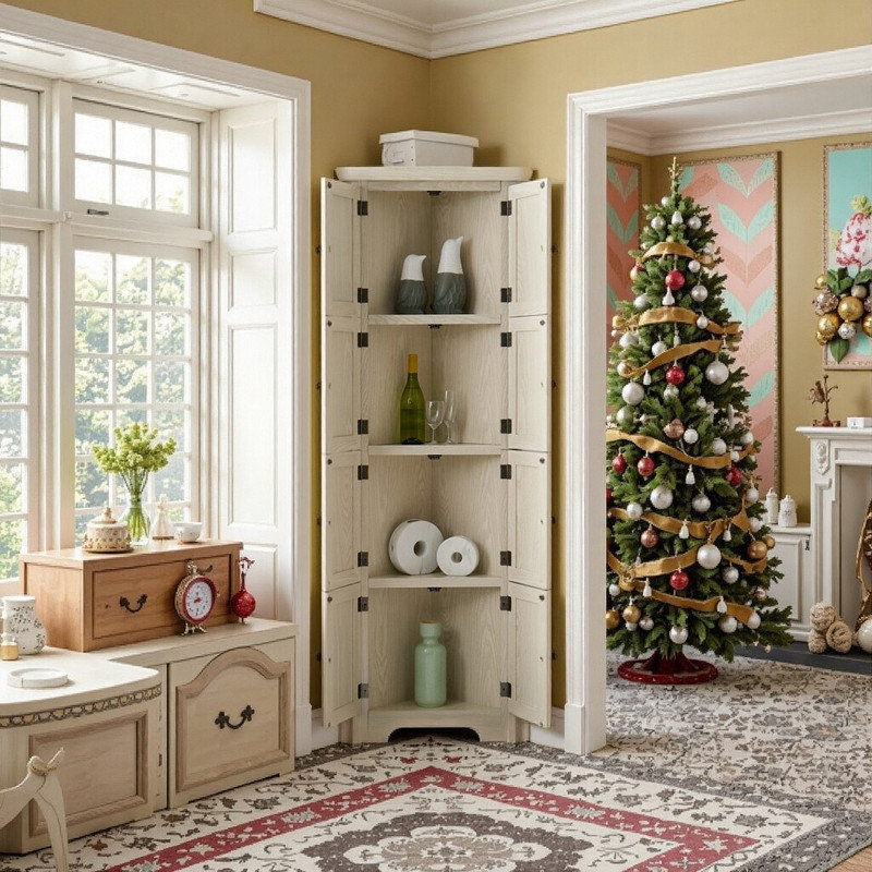 72 Tall Corner Pantry Cabinet With 8 Doors And 4 Tiers Solid Wood Storage Solution, White