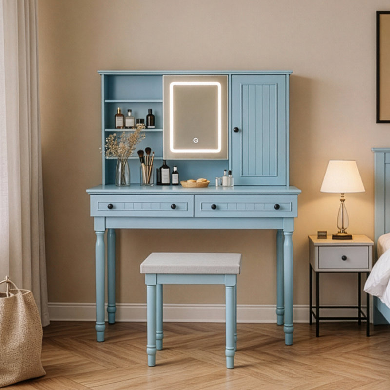 Meuble-lavabo l 42,24 po avec tabourets et miroirs, Bleu