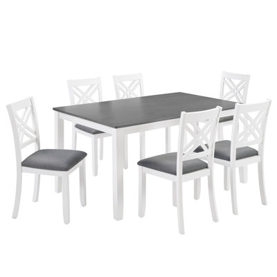 Modern 7-Piece Solid Wood Dining Set with 6 Upholstered Chairs – Two-Tone Rectangular Table for 6, Space-Saving Kitchen & Dining Room Set, Easy Assemb