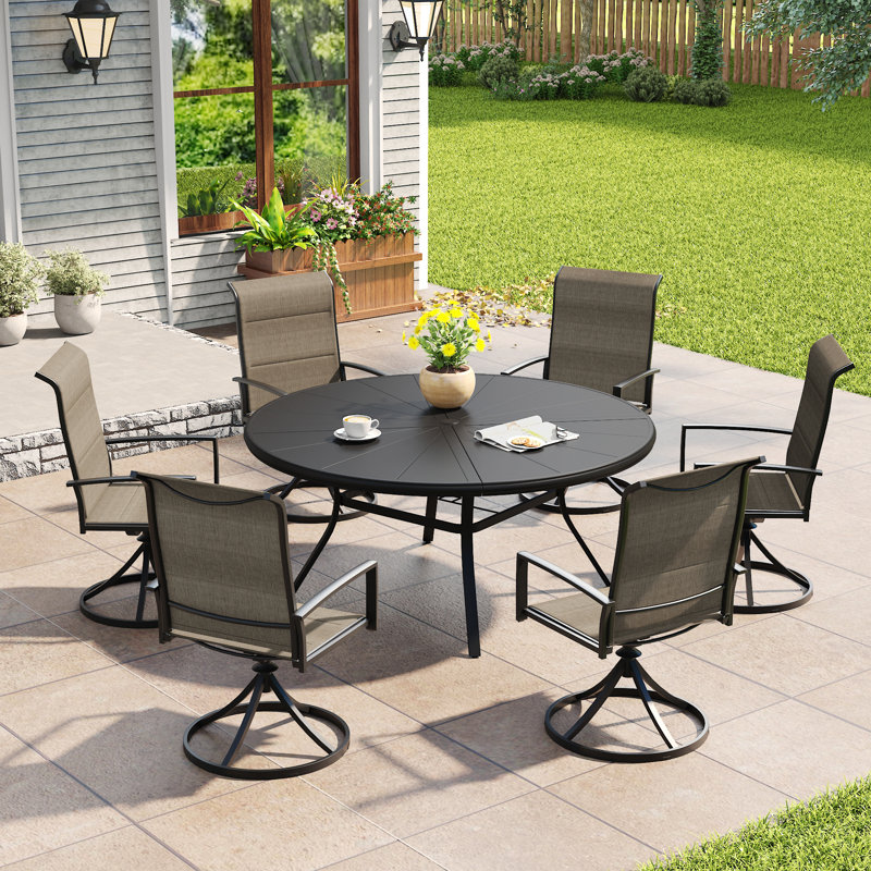 Round Patio Dining Set with Padded Swivel Ergonomic Chairs, Black/Brown