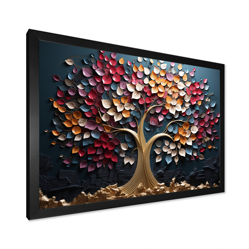 Arbre doré rose et bleu sur fond bleu - Art mural arbre, H 24 po x l 32 po x P 1 po, Cadre d'angle fermé noir