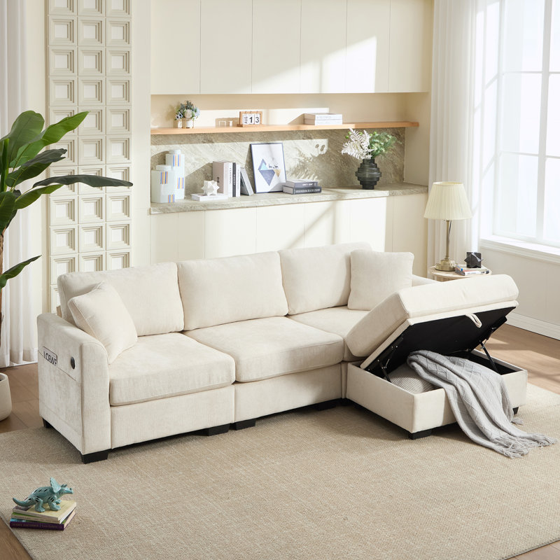 Canapé moderne modulaire avec double USB, 2 poches latérales et banc de rangement, Tissu beige