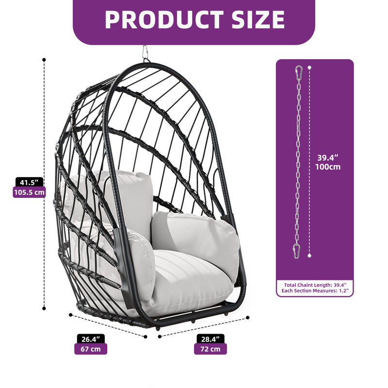 Hanging Egg Chair with Cushion, Egg Chair for Porch, Bedroom, or Living Room, Grey, Black, Grey