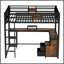 Grand lit mezzanine en métal avec tiroirs de rangement, bureau intégré, échelle - noir