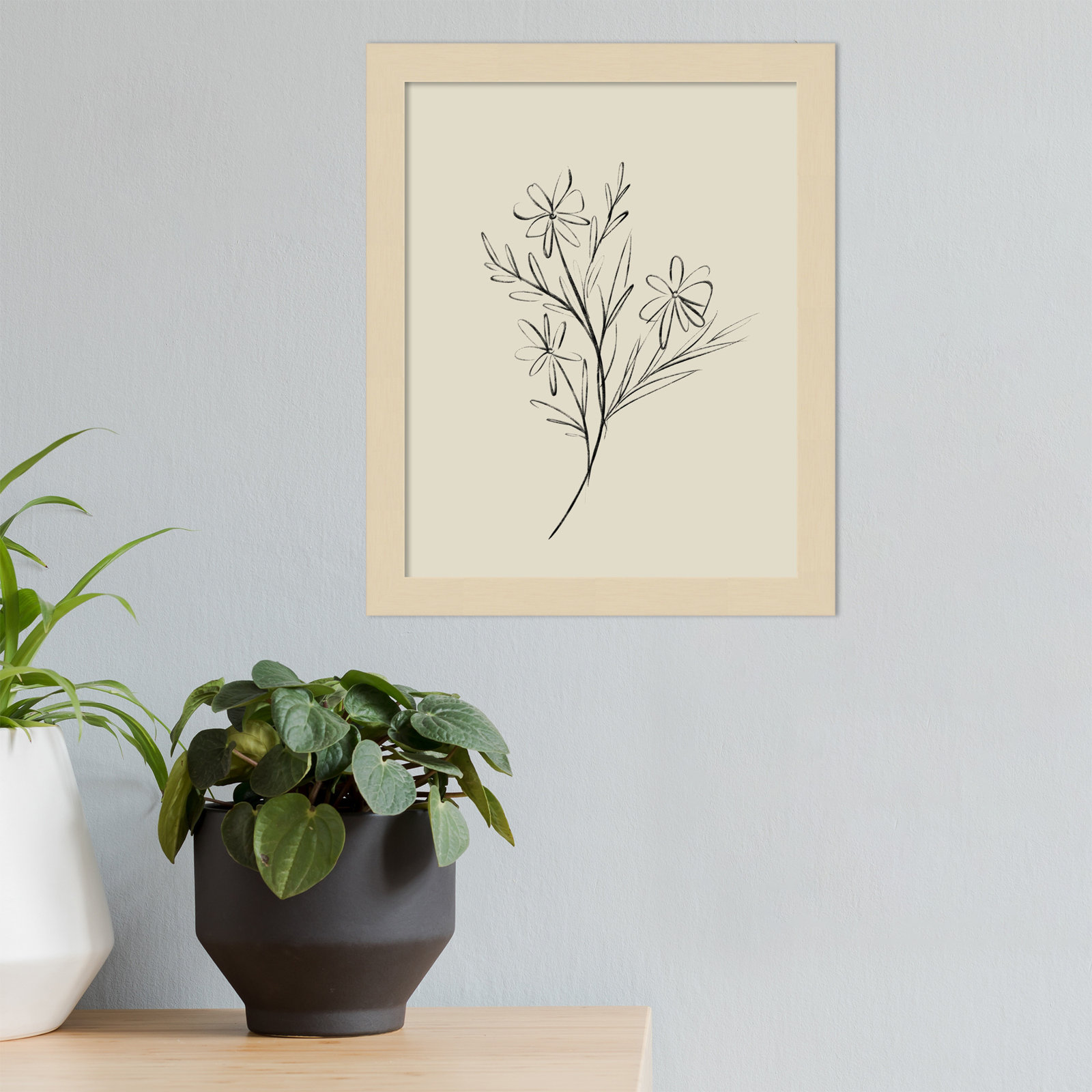 Line Drawn Flowers 1 Print, 11" W x 13" H x 1" D, Brown Framed
