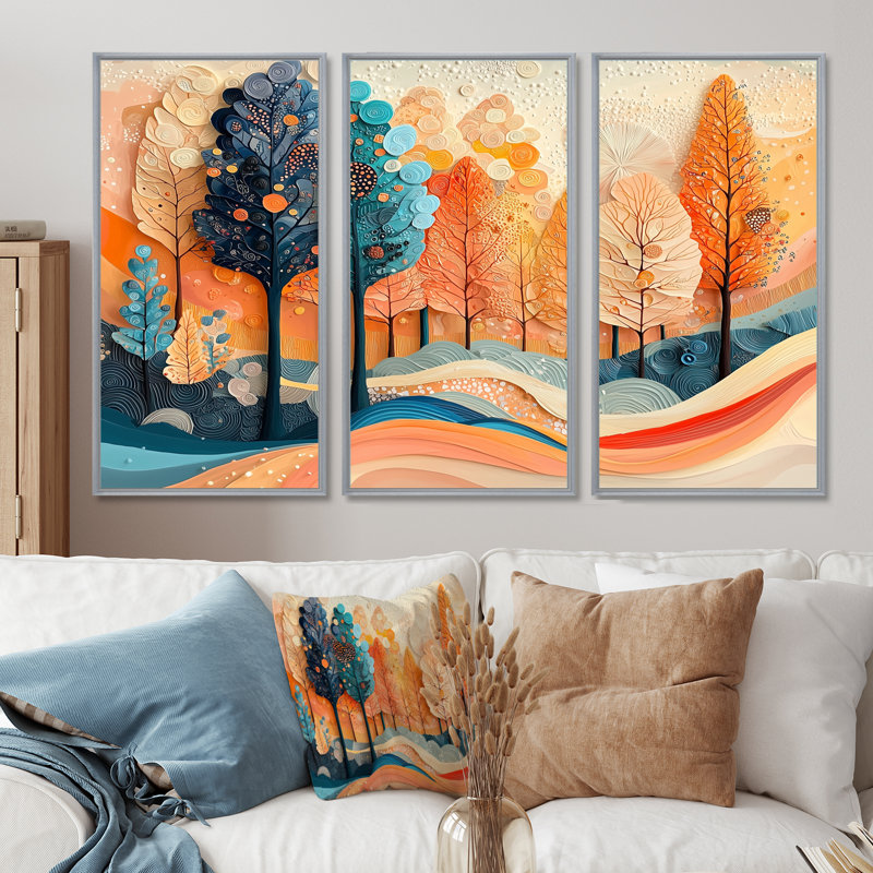 «4 Seasons Forest Trees Dream Fragments I», art mural sur toile, 3 panneaux, H 40 po x l 60 po, Argent argent