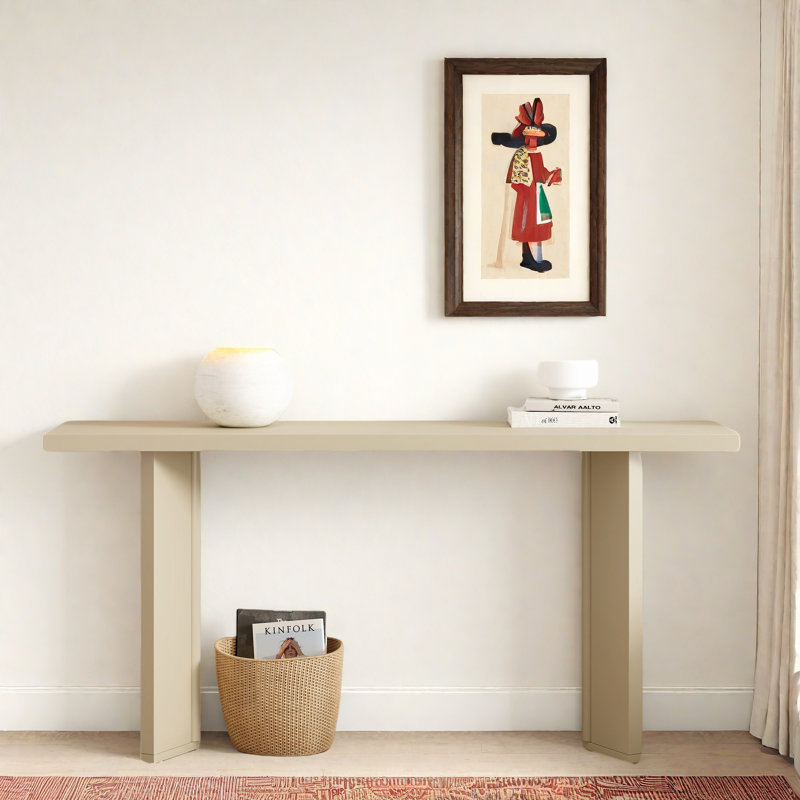 Console moderne avec structure de forme géométrique et grain de bois, Beige