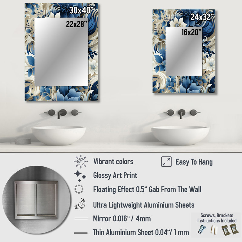 Motif victorien bleu tourbillon bleu cobalt Kennedy - miroir décoratif floral, 40 po x 30 po