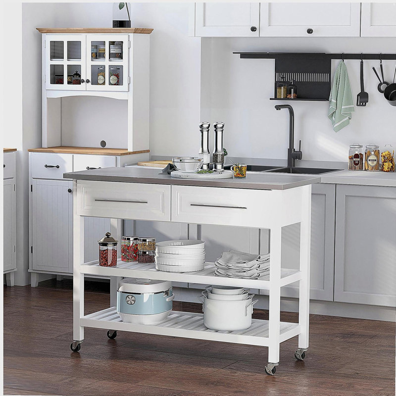 HOMCOM Kitchen Island with Stainless Steel Top, Open Shelves, and Drawers, Gray