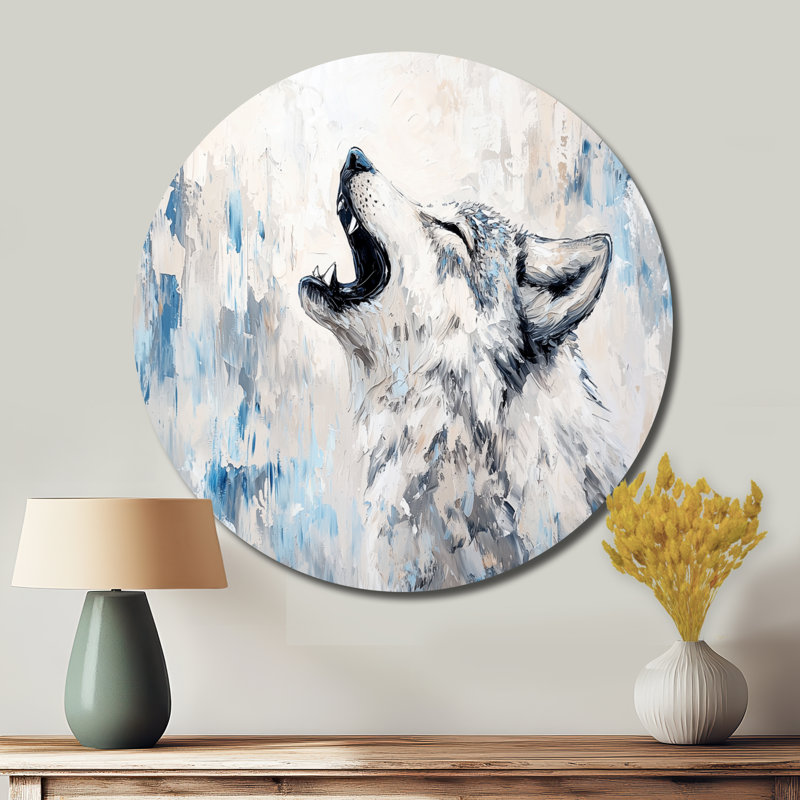 Loup hurlant lune - faune, art mural rond en métal gris, H 36 po x l 36 po