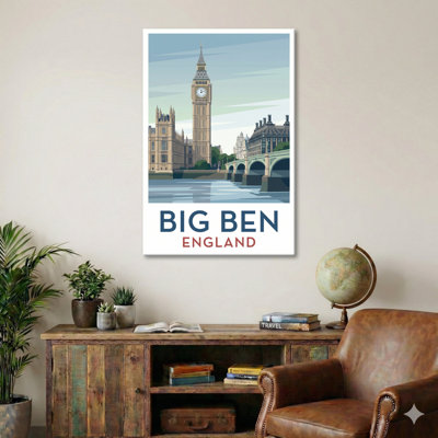 Big Ben, England - Timeless Romance On The Thames | Vintage Travel Poster. Giclée Print On Wrapped Canvas. Wall Art, Home Decor - Iconic Buildings & Architecture, England - Wrapped Canvas Print