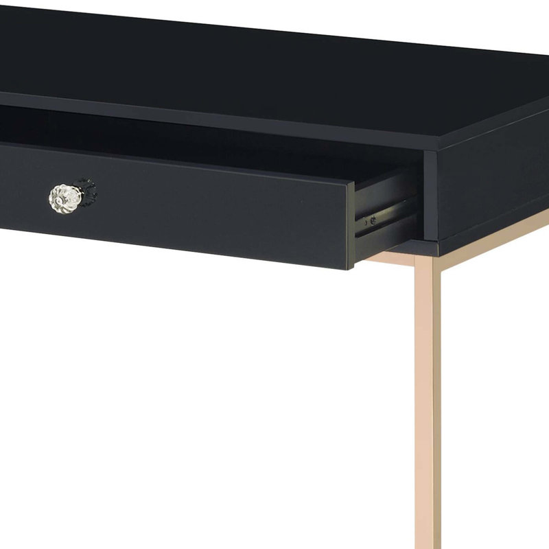 Bureau d'écriture 2 tiroirs noir ultrabrillant et doré, Noir et or
