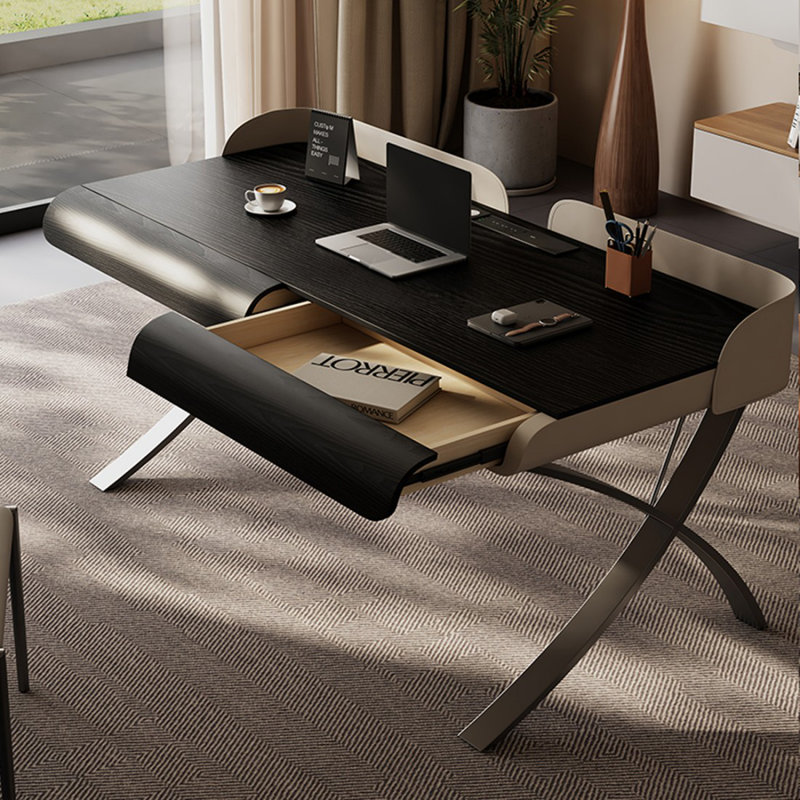 Bureau rectangulaire en bois manufacturé noir + argent + barenia + acier avec tiroirs, 32.28” H x 62.99” W x 27.56” D