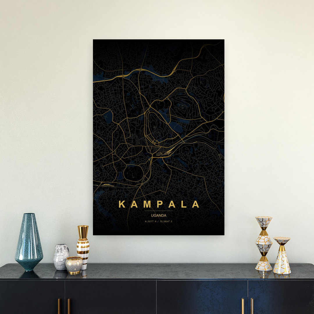 Golden Kampala Map Abstract Elegant Minimalist City Wall Art Print