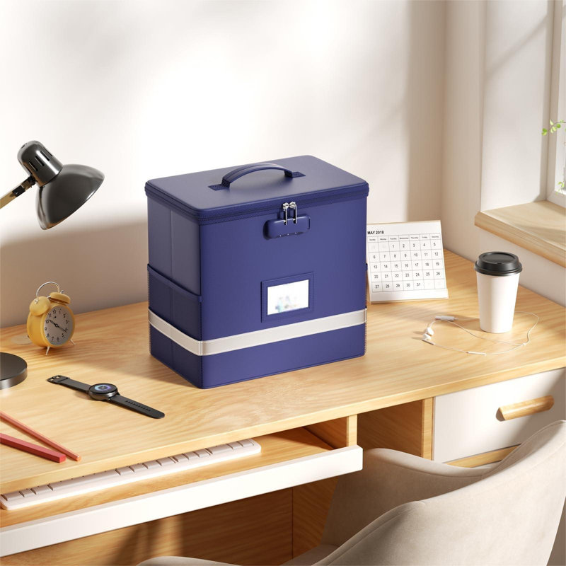 Boîte de classement ignifuge avec serrure, organisateur de rangement pour boîte de documents, convient aux dossiers suspendus de format lettre, boîte de classement pliable, bande réfléchissante pour une recherche rapide (12,2 po x 6 po x 10,2 po, bleu)