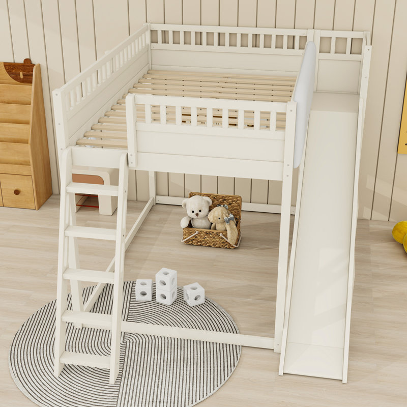 Lit mezzanine en bois avec glissoire, tablettes de rangement et échelles, Complète, Beige