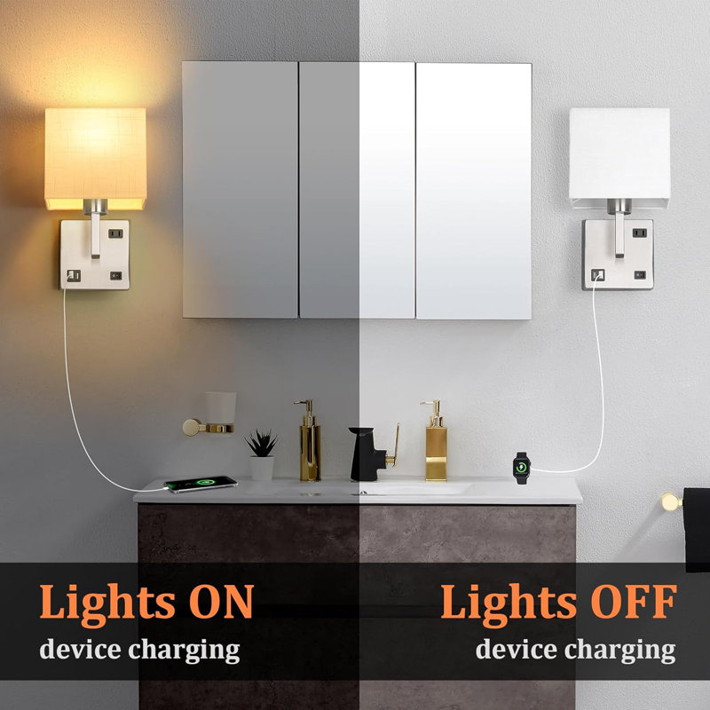 Bedroom Sconces Set of 2, Wall Mounted Bedside Lamps with USB Port, AC Outlet and 3 Colour Selectable