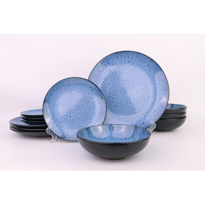 Waterside 12pc Blue Reactive Glaze Stoneware Dinner Set
