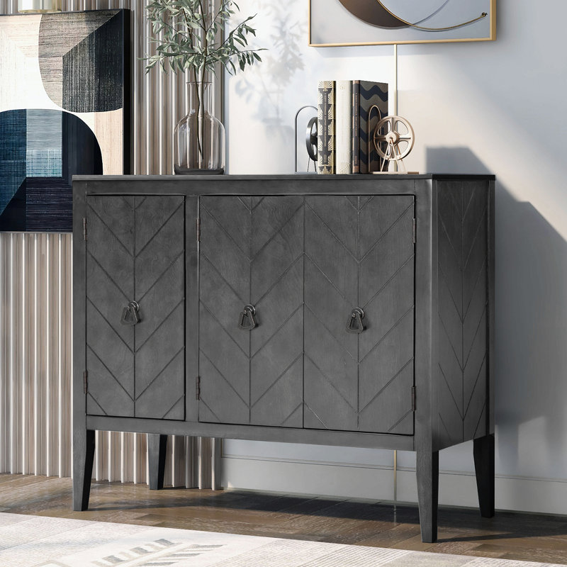 37.02" Sideboard with 3 Doors, Retro Buffet Minimalist Wooden Storage Cabinet for Living Room, Kitchen, Gray