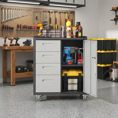 29.5" W Rolling Tool Cabinet with 4 Drawers & Lockable Door, 500 lbs Heavy-Duty Steel Garage Storage Chest with Wheels, Mobile Workshop Organizer with Adjustable Shelf & Worktop