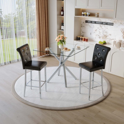 Modern Glass Bar Table and Fixed-Height Bar Stools Set of 2, Contemporary Counter Height Pub Table with Chrome Legs, PU Leather Bar Chairs for Kitchen Island, Home Bar, Small Space (3 Packages)