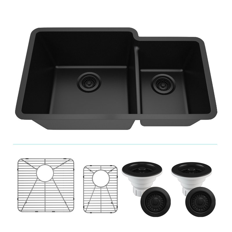 32" x 19" Quartz Kitchen Sink, 60/40 Double Bowl Sink, Drop-in Sink, Undermount Sink, Granite Kitchen Sink, with 2 Steel Grids and Basket Strainer, Disposal Flange