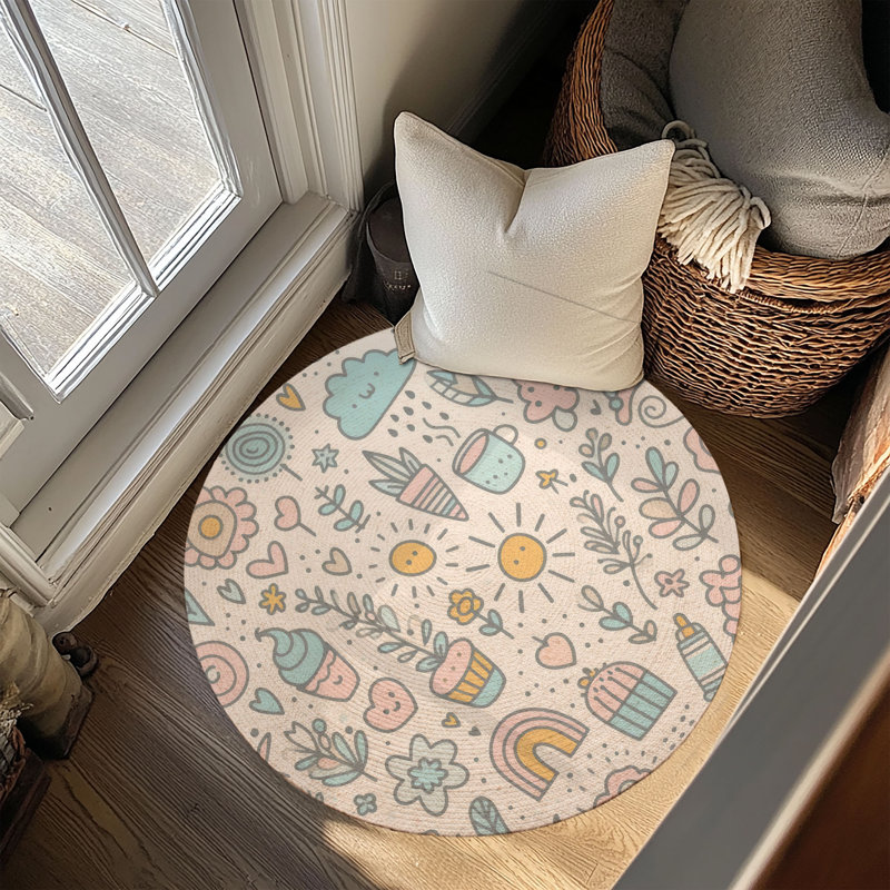 Subtle Doodle Drawings Braided Rug, Round 5'