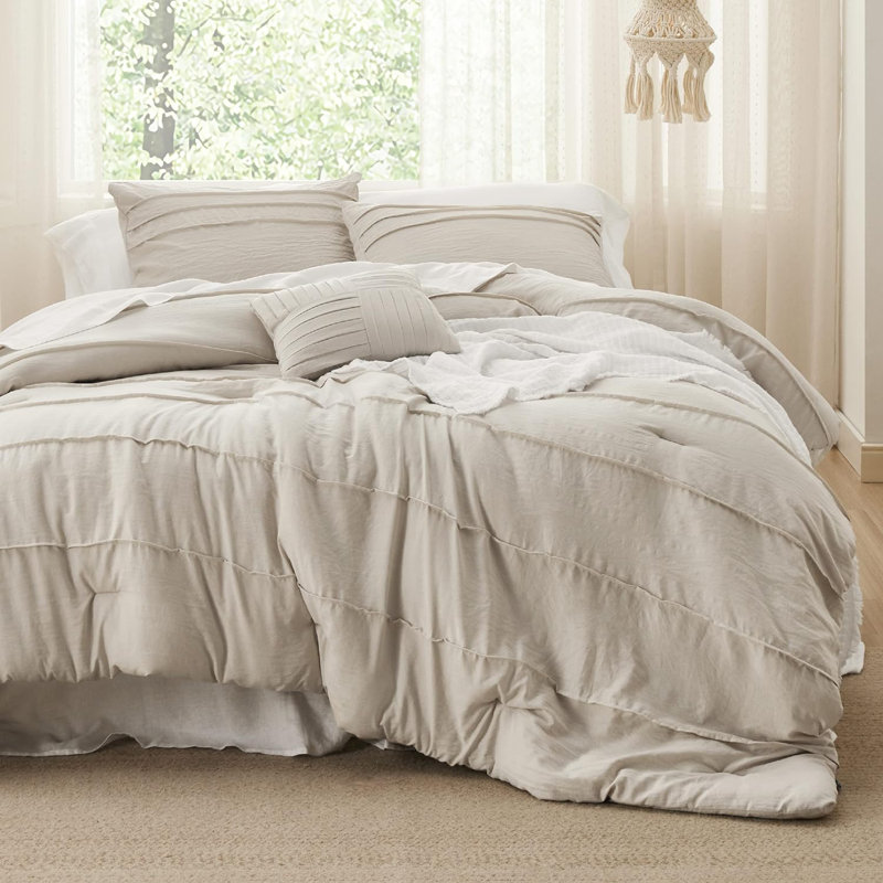 Bedsure Pinch Pleat Comforter Set Boho Bed-in-A-Bag Bedding Set with  Pillowcases for All Season, Beige