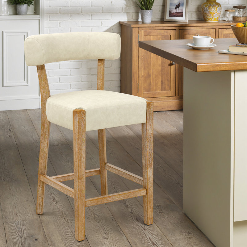 Tabouret de bar 26 po Mid-Century, Similicuir beige / cadre naturel, 1
