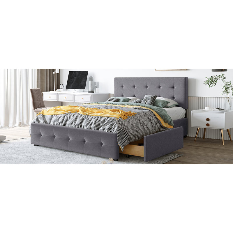 Lit plateforme tapissier avec 4 tiroirs et tête de lit classique gris foncé. Grand lit. Pas de sommier tapissier. Fabrication en panneau de particules massif. Lit d'appoint gris élégant, tissu de lin, bois