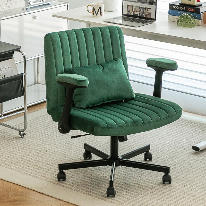 Green Velvet Criss Cross Armrest Office Chair With Wheels - Modern For Home Office, Meditation & Creative Work