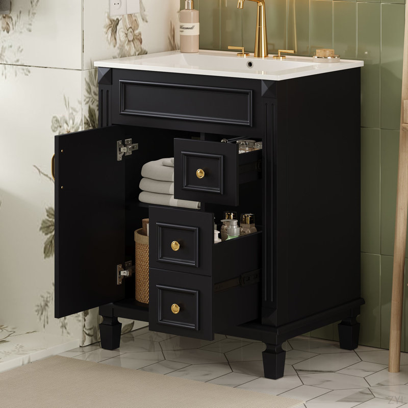 Meuble-lavabo 24 po avec lavabo en céramique, petite armoire de salle de bain, armoire moderne avec 2 tiroirs et tablette réglable