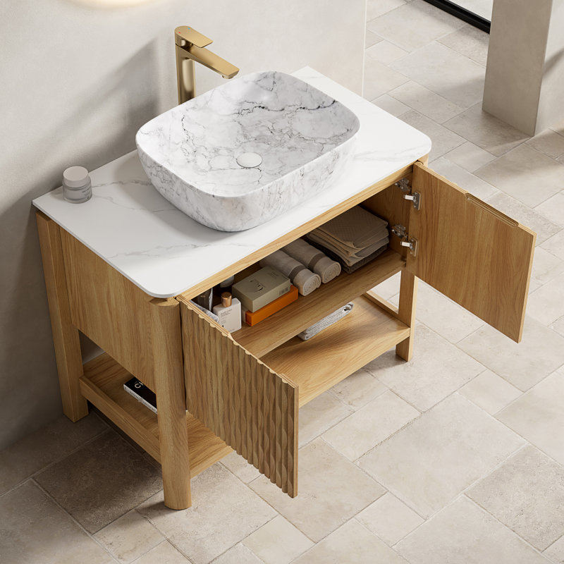 Meuble-lavabo moderne de 36 po avec lavabo en céramique et surface en pierre frittée, portes d'armoire en bois massif, système d'amortissement à tablette ouverte et à fermeture en douceur