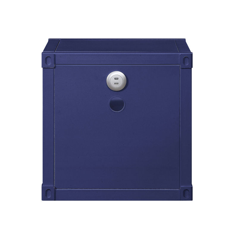 Table de chevet intégrée de style industriel bleu - 2 compartiments ouverts, structure en métal, conception compacte avec espace de chargement, espaces de rangement, structure robuste