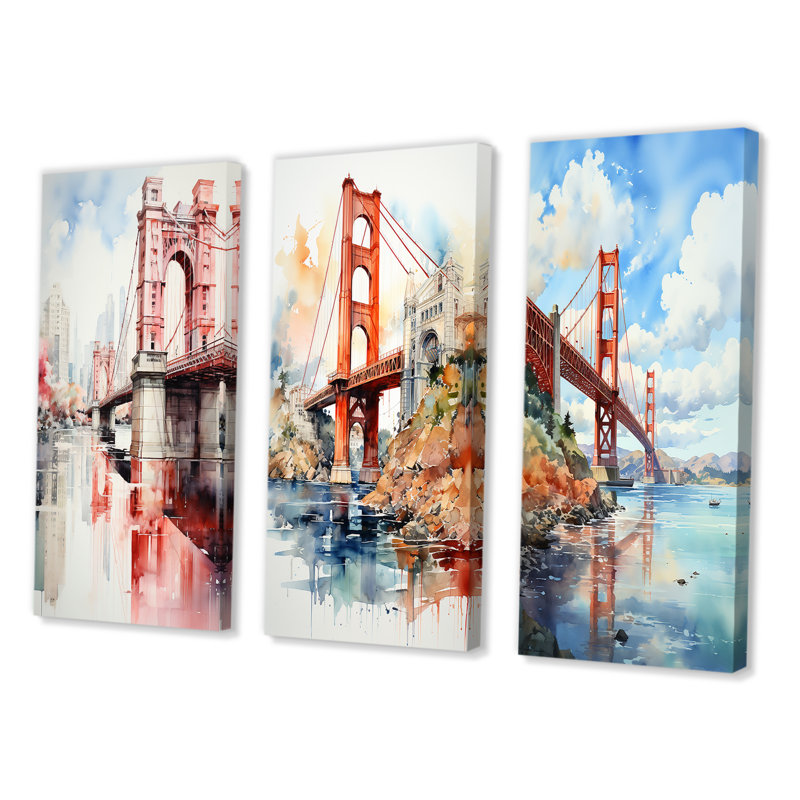 «Red Bridge Architectural Marvel», 3 pièces, Toile tendue, H 40 po x l 60 po