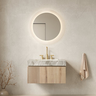 Meuble-lavabo de salle de bain 30 po Muri, meuble de rangement flottant en contreplaqué avec tiroir et porte, plateau en pierre frittée gris clair et lavabo en céramique avec 3 trous de robinet pré-percés, pré-assemblé, couleur grain de bois de chêne blanc