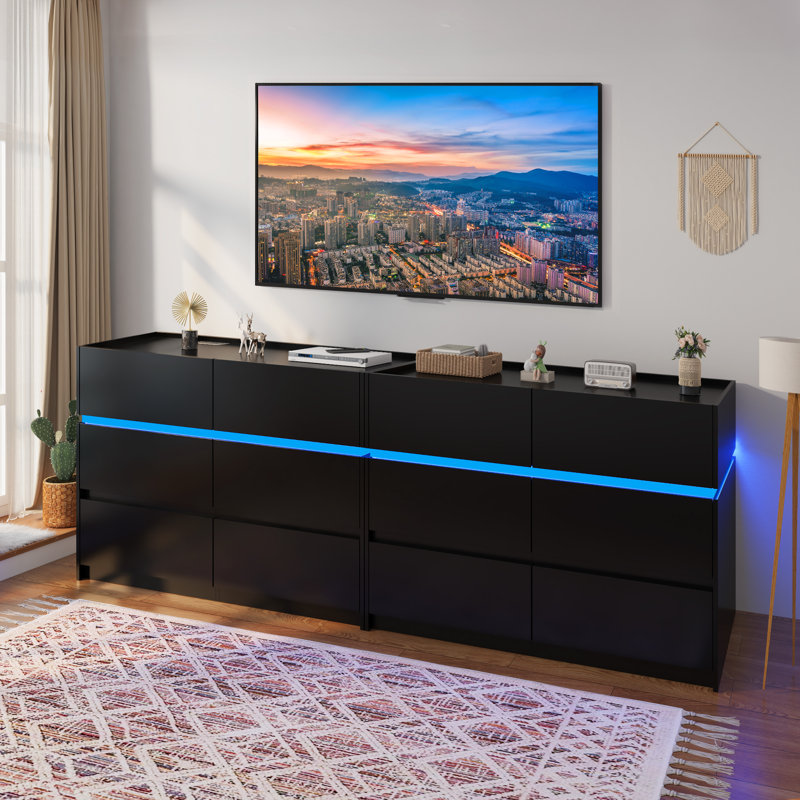 6 Drawer Dresser With Charging Station & LED Light, 47.2" W, Black