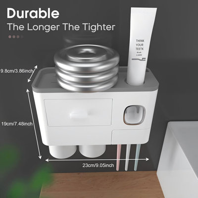 Toothbrush Holders Wall Mounted with Toothpaste Dispenser & 2 Cups All-in-One Bathroom Organizer: 2 Cups, 6 Slots, Toothpaste Dispenser, Large Tray & Drawer. Wall Mount, No Drilling Required