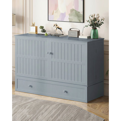 Queen Solid Wood Murphy Bed Chest With Large Storage Drawer & Charging Station, Blue