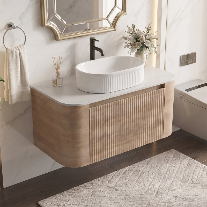 Wall Mounted Single Double With Engineered Marble Top, Oak