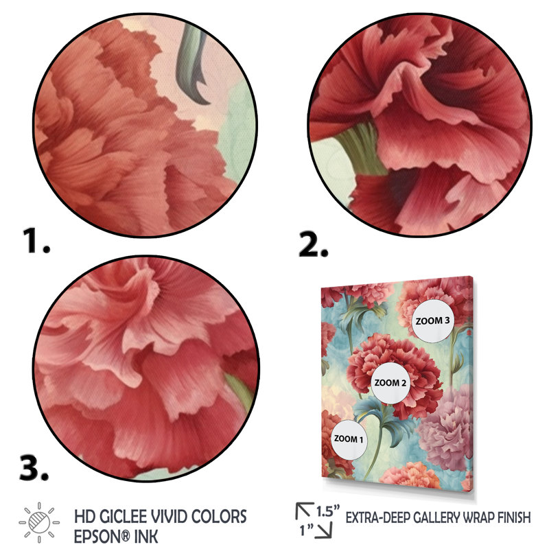 Harmonie des œillets rouges sur toile, H 44 po x l 34 po x P 1,5 po, Cadre flottant noir
