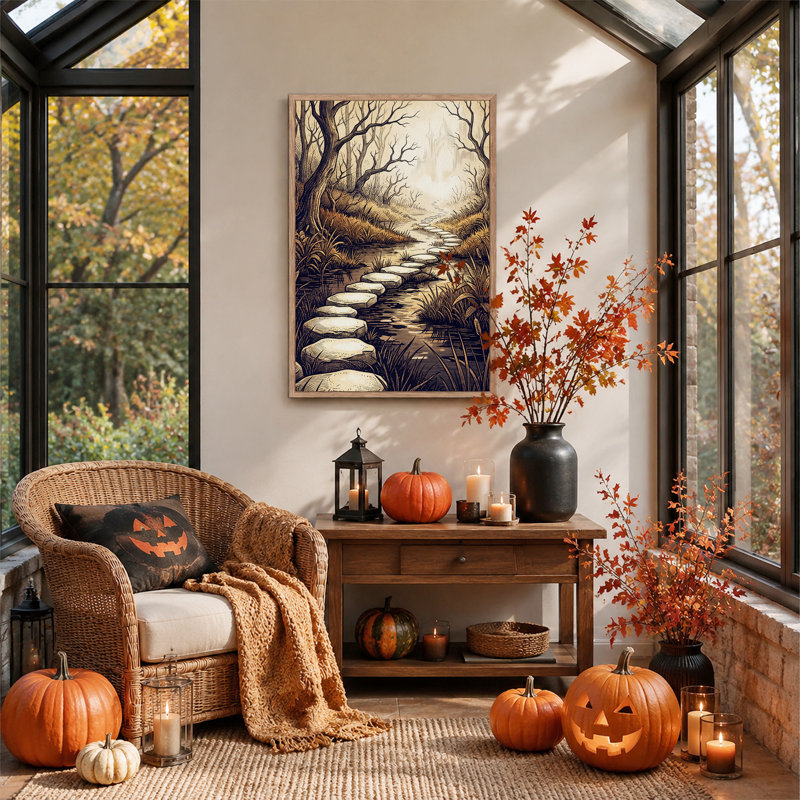 Toile murale d'Halloween représentant un chemin de dalles sépia à travers les bois, 48"H x 32"W