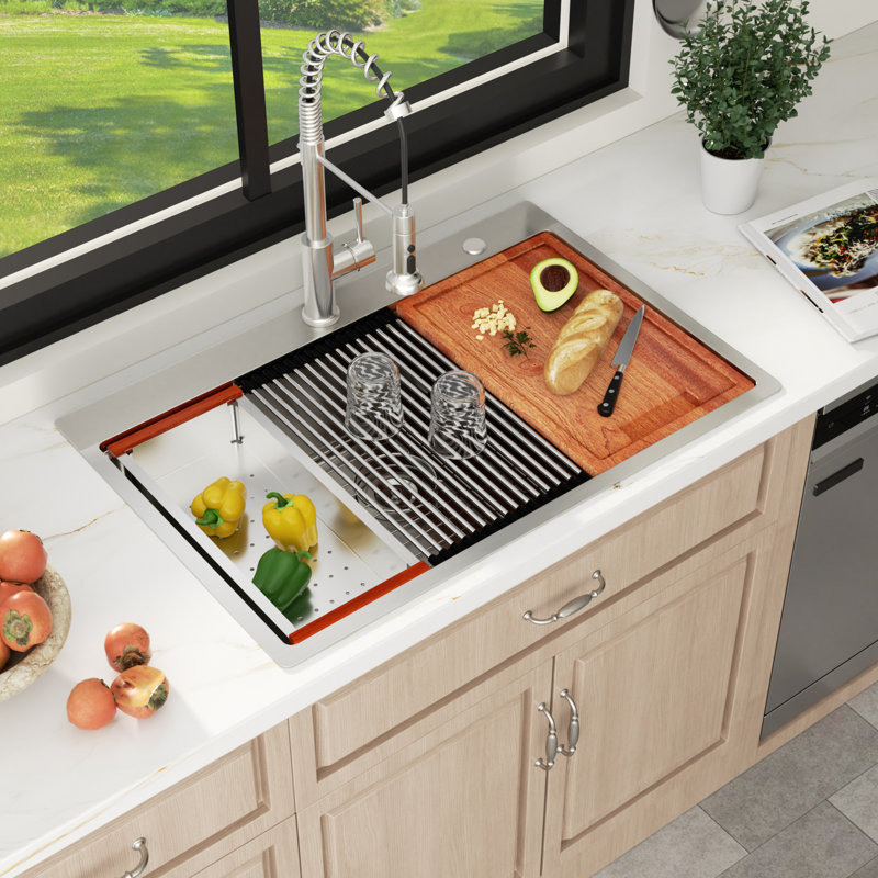 33" L x 22" W Drop-In Kitchen Sink Single Bowl Stainless Steel Kitchen Sink with Ledge Workstation