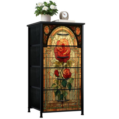 Commode pour la chambre à coucher avec 4 tiroirs de rangement Vitrail élégant rose rouge Blooms Commode Commode en tissu avec cadre en acier pour vestibule