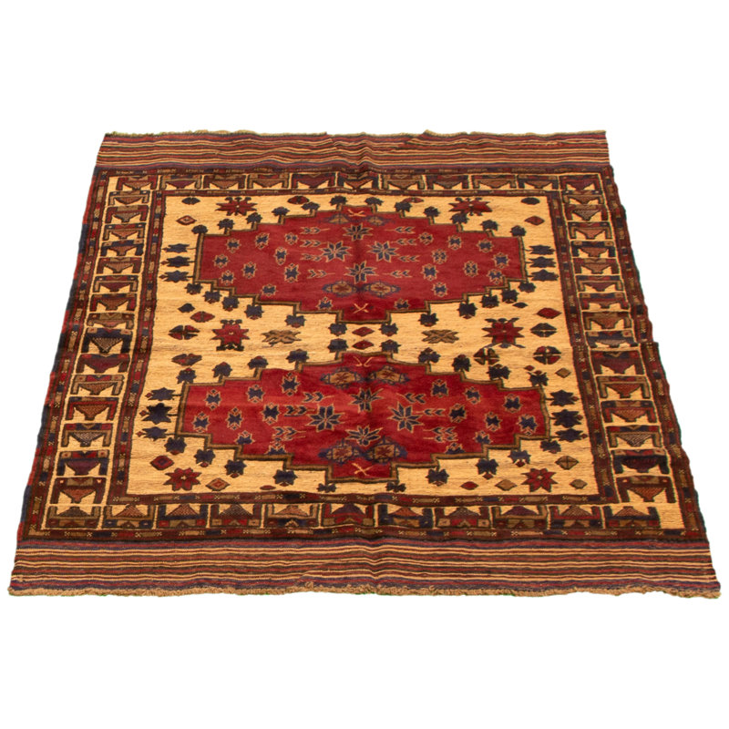 Tapis décoratif rouge/beige en laine de conception unique 4 pi 2 po x 5 pi 10 po Cengizhan noué à la main