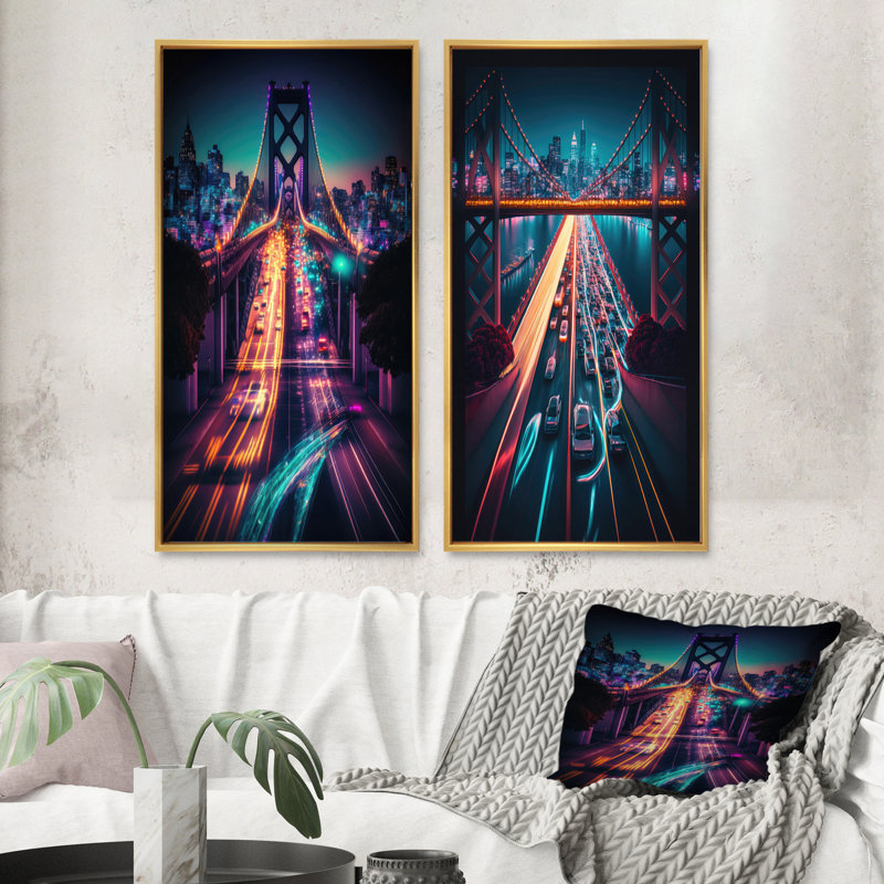 «Futuristic San Francisco Neon», 2 pièces sur toile, Encadrement doré, H 20 po x l 24 po